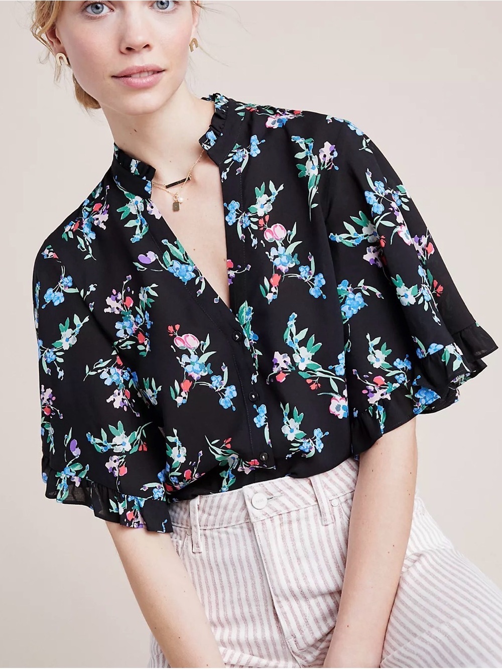Anthropology Maeve S Aveiro floral flutter sleeve shabby chic boho button down